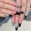 Faux ongles 24P noir français doux Cool Long Ballet faux Flash Pile diamant poudre presse sur ongles conseils filles Art