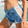 Damen Shorts Vintage Damen Sexy Blau Kurze Jeans Booty Denim Knoten Hohe Taille Mit Zerrissenem Loch Sommer Beach Club Party Bottom