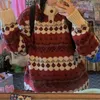 Damen Pullover Deeptown Korean Fashion Weihnachten Pullover Damen Vintage Rot Oversize Geometrie Strickpullover Japanischer Stil Lose O-Ausschnitt Pullo