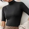 Women's T Shirt Atasan Sutra Susu Kerah Tutup Setengah Ramping Lengan Pendek Wanita Kaus Bottoming Tren Dasar Warna Solid Blus Jalanan Tinggi 230418