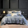 Set di biancheria da letto 1200TC Set di lusso in cotone egiziano Blu Maree Onde Ricamo Copripiumino Piatto/Aderente Lenzuolo Federe