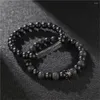 Braccialetti a maglie Pietra lavica smerigliata nera Set di bracciali lunghi elasticizzati con corona mista Set di gioielli di moda Pulseras Hombre