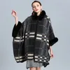 Women's Fur Faux Women Hooded Capes Patchwork Knitted Cloak Thick Warm Office Lady's Plaid Poncho Outerwear Jacket Loose Coats 231118