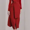 Robes décontractées printemps automne 2023 fête robe moulante piste femmes col cranté à manches longues rouge Midi bureau OL ceinture Vestidos