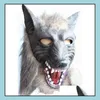 Party Masks Scary Fur Latex Fl Head Overhead Wolf Mask Py Halloween Cosplay Masquerade Fancy Dress Up Theater Adt Costume Props Grey Dhz67