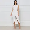 Casual Dresses FUDA White High Split Ruched Sleeveless Backless Elegant Women Dress Summer Tank Waist A-line Open Back
