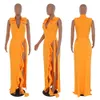 Femmes deux pièces robe barboteuse Maxi jupe ensembles 2023 sans manches col à revers croix V barboteuse haut et haute fente à volants Maxi jupe costume été 2 Pc vêtements