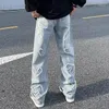 Erkek kot pantolon cadde yıkanmış ve yıpranmış ins n hip-hop aşk yaması baggy düz pantolon grafik