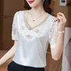 Women's Blouses Fashion Short Sleeve Shirt Youth Tops Elegant Lace Flower Embroidery Woman Satin Blouse Summer V-Neck Silk Clothes Blusas