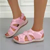 Sandalen Sandal olahraga baru musim panas sepatu kasual Flat ujung bulat mode wanita bertali warna polos ukuran besar sandal nyaman 230418