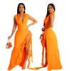 Femmes deux pièces robe barboteuse Maxi jupe ensembles 2023 sans manches col à revers croix V barboteuse haut et haute fente à volants Maxi jupe costume été 2 Pc vêtements