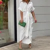 Casual Dresse Elegancka koszula Summer Vintage nadrukowane guziki Ruche Bandage żeńskie solidne v szyi plażowe długie szata 230419