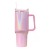 New Rainbow 40oz Stainless Steel Glitter Tumbler with Handle Lid Straw Big Capacity Shimmer Glossy Water Bottle Outdoor Cup Vacuum Insulated Travel Mugs bb0413