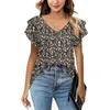 Women's T Shirt Summer Double Ruffle Sleeve Tees Female Daily Casual Elegant Print V Neck Pullover Loose Streetwear Cotton Tops 230419
