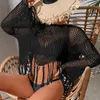 See Through Hollow Out Bikini Cover Ups Tops Women Beachwear Flared Long Sleeve Tassel Smock Crop Tops Swimsuit Cover-Up