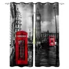 Vorhang London Rote Telefonzelle Winter Morgendämmerung Schneebedeckte Stadt England Großbritannien Symbol Städtisches Motiv Schlafzimmer Wohnen Kinder Jugendzimmer
