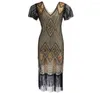 Casual Dresses 1920S Noble Golden Patched Short Sleeve Flapper Dress V Neck Fringe Midi Party Costume Great Gatsby Women Bodycon Vestido