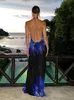 Casual Dresses Summer Backless Maxi For Women Sexy Mesh Printed See Through Slim Beach Blue Long Club Party Semesterkläder 2023 230419