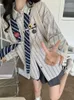 Blusas de mujer, camisa a rayas, estilo coreano Vintage para mujer, ropa informal suelta informal Kawaii para mujer, Top de manga larga azul, bonita camiseta Harajuku