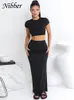 Vestido de dos piezas Nibber Básico Casual Conjunto sólido Mujeres Hipster Manga corta Oneck Camisetas Falda de cadera a juego Mujer Traje de abdomen desnudo 230419