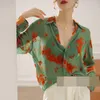 Chemisiers en soie verte pour femmes, chemise Design féminin, Niche contrastée, Jacquard en mousseline de soie, manches longues, coupe ample, Style féminin