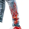 Jeans pour hommes Fire imprimé Mens Slim Fit Streewear Fashion Light Indigo Distressed Skinny Stretch Brodé Patchwork Ripped Damaged 230419