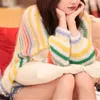 Women's Sweaters Rainbow Embroidery Scissors Striped Women Knitted Sweater Hollow Niche Design Women's Loose Casual Pullovers Knitwear Tops 231118