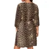 Plus -klänningar Kvinnor Leopard Crew Neck Print 3/4 Sleeve Spring Summer Casual Short Mini Dress Daily for Woman Fashion