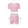 Frauen Zwei Stück Hosen Set Frauen Outfit 2023 Sommer O hals Kurzarm Crop Top und Shorts Sport Fitness Yoga rosa Trainingsanzüge Streetwear 230418