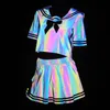 Deux pièces robe coloré réfléchissant Sexy chemise femmes jupe plissée ensemble Kawaii Blouse Faldas école uniforme marin costume 230419