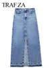 Rokken rok denim biru celah depan wanita trafza midi fly ritsing ramping pinggang tinggi saku 2023 streetwear kasual musim semi 230418