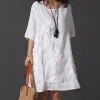 3xl Plus Size Dress Women Cotton Linen Casual Loose Shirt Dress Vintage Embroidery Female Half Sleeve Robe Vestidos Summer 2019