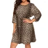 Plus -klänningar Kvinnor Leopard Crew Neck Print 3/4 Sleeve Spring Summer Casual Short Mini Dress Daily for Woman Fashion