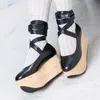 2023 NY BLACK THOWH SOLE PLATFORM PUMPAR Kvinnor Cross-Strap Lolita Cosplay Creepers High Heel Wedge Shoes Kawaii Wood Wedges 230419