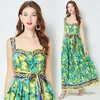 Vestidos casuais Menahem Runway Sicily Lemon Flor Print Maxi Summer SMUMAN SPAGHETTI Strap Lace Up Up Férias sem costas vestidos