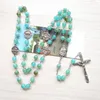 Hangende kettingen diyalo blauw gebed kralen ketting kerk spacer kralen kralen heilige familie medaille inri kruisiging Cross Rosary ketting chaplet