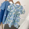 Girl s jurken zomer lolita blauwe bloemen kids kleren meisjes casual elegante kinderen voor tieners feest fee -sprookje sundress ball jurk 230418