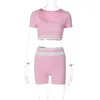 Frauen Zwei Stück Hosen Set Frauen Outfit 2023 Sommer O hals Kurzarm Crop Top und Shorts Sport Fitness Yoga rosa Trainingsanzüge Streetwear 230418