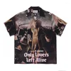 Chemises décontractées pour hommes WACKO MARIA Hawaiian Movie Print Black Oversized Hip Hop Men's Short Sleeve