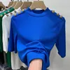 Dames t -shirt mode t shirt groen blauwe zomer knop o nek t shirts Koreaanse stijl temperament slank fit korte mouw top 230419