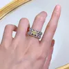 Cluster Rings Bijoux S925 Sterling Silver Hand Femme Jaune Diamant Incrusté De Luxe Géométrique Double Rangée Pleine Entière