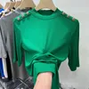 Dames t -shirt mode t shirt groen blauwe zomer knop o nek t shirts Koreaanse stijl temperament slank fit korte mouw top 230419