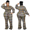 Nya byxor plus storlek kvinnorkläder Autumn Fashion Casual Puff Sleeves Plaid Printing Lapel Ladies Jumpsuit XL-5XL Overdimensionerad