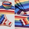 Men's T Shirts Fashion Colorful Striped Romper Tees INCERUN Long Sleeve Turtleneck Bodysuit T-Shirts Man Fitness Sexy Jumpsuit S-5XL