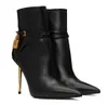 2024 Hiver Luxe Femmes Noir Cadenas En Cuir Bottines Serrure À Clé À Bretelles À Bout Pointu Robe De Soirée À Talons Hauts Bottines De Mode Tom Ford Boot EU35-43 Avec Boîte