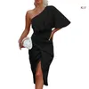 Casual Dresses Women One Shoulder Batwing Sleeve Split Ruched Wrap Front Midi Long Bodycon Dress Elegant Solid Color Slim-Fit 6XDA