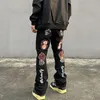Men's Jeans Y2K Flame Skull Pattern Embroidery American Fashion Hip-Hop High Street Straight Tube Design Trumpet Denim Trousers