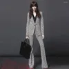 Women's Two Piece Pants Blazer For Women Suits 2023 Lady Outfits Spring Vintage Plaid Twin Sets Single Button Street Micro Flared Trousers