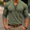 Men's T Shirts Solid Color Slim Fit Men T-shirt V-neck Lace Up Long Sleeve Muscle Tops High Elastic Adult Shirt