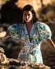 Casual Dresses Women Organic Cotton Blue Floral Printed Puff Short Sleeve Waist Laceup Long Dress 230420